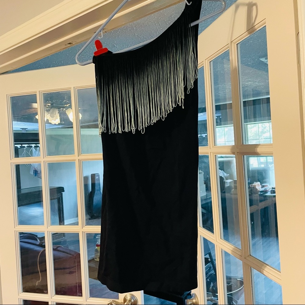 Bebe, black stretch, with ombré fringe, one shoulder fitted mini dress